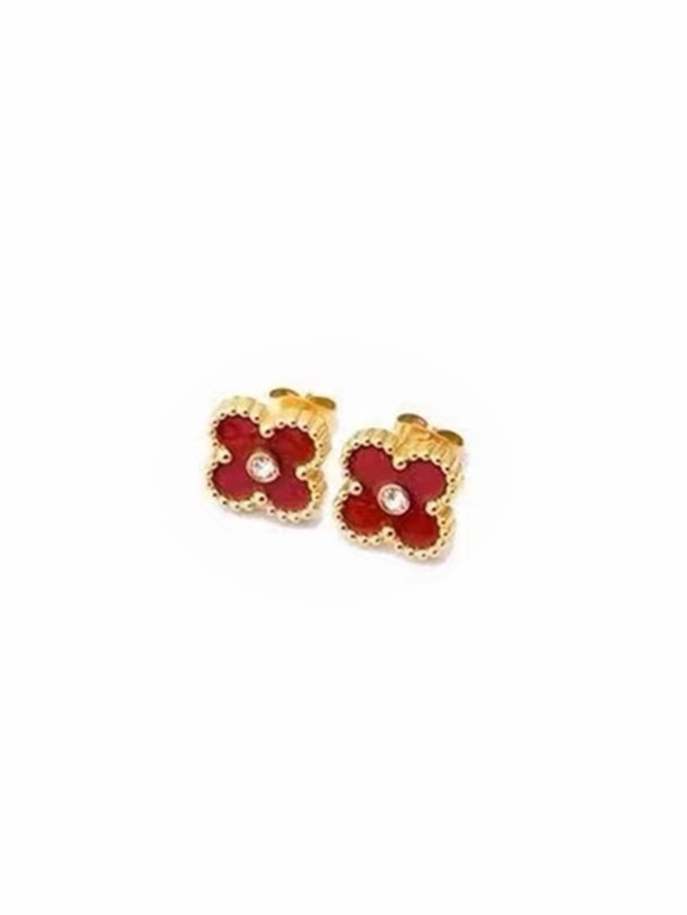 Gold Red Clover Stud Earrings with Center Stone - Women Jewelry